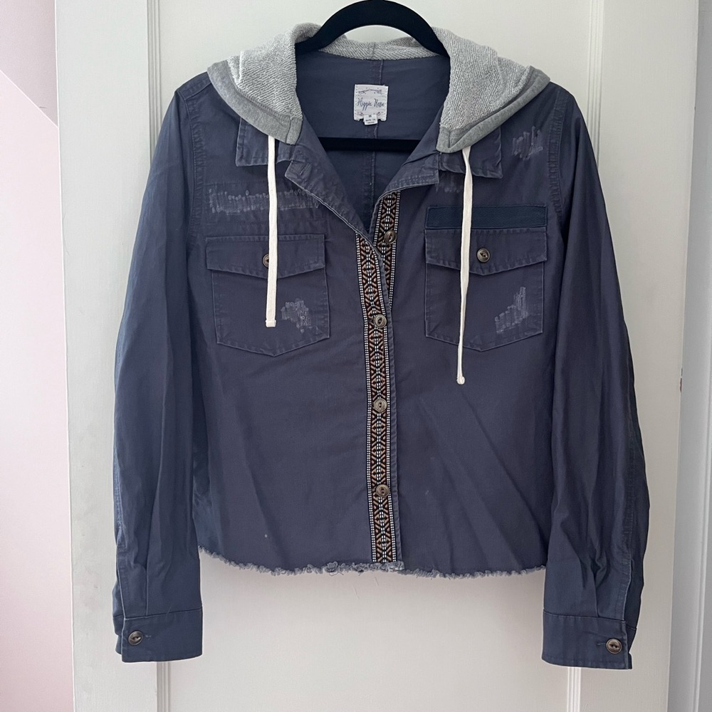 Hippie Rose Charcoal button shirt with hood